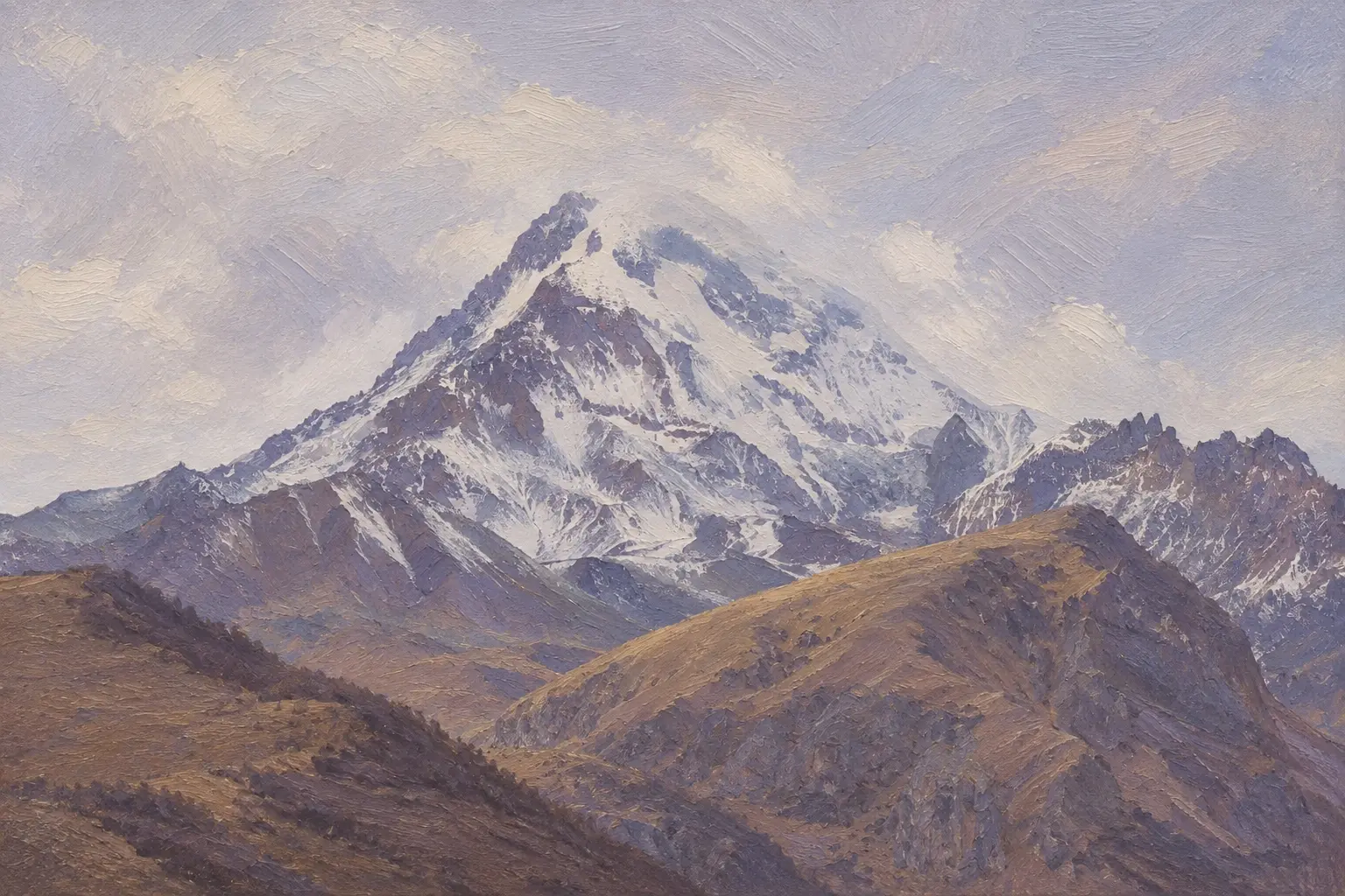 A painted view of snow-covered Mkinvartsveri above muted brown mountain ridges.